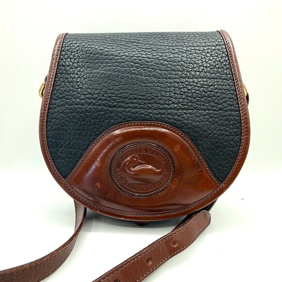 Vintage Dooney & Bourke AWL Leather Cavalry Crossbody Bag Black British Tan USA - Picture 1 of 16